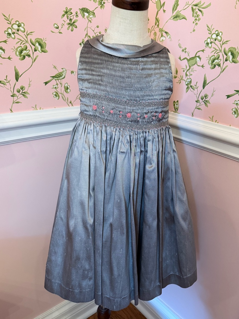 Luli & Me Dupioni Silk Smocked Dress Silver with Pink Embroidery